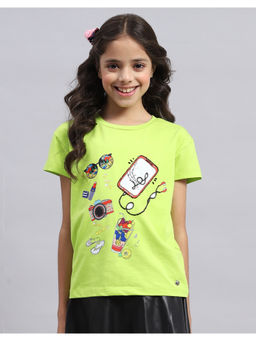 Monte Carlo - Girls Green Printed Round Neck Half Sleeve T-Shirt