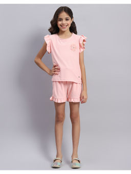 Monte Carlo - Girls Peach Solid Round Neck Top and Shorts (Set of 2)
