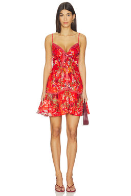 Camilla - Tie Front Short Dress With Hem Ruffle in Ole Ole