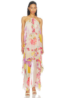 Donde Esteban - Flores Silk Chiffon Long Halter Dress