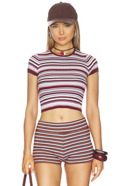 De Rococo - Ribbed Crew Neck Cropped Tee (Burgundy & Blue)
