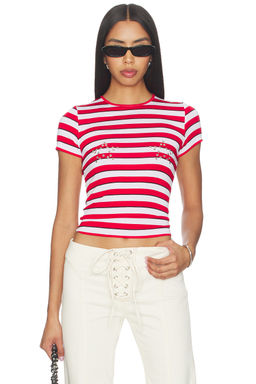 Miaou - Mini Tee Red Stripe Cropped Jersey T-Shirt with Grommet Detail