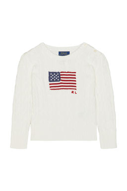 POLO RALPH LAUREN - Long Sleeve Cotton Cable Knit Flag Crewneck Sweater