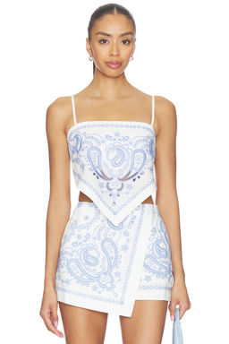 self-portrait - White And Blue Embroidered Linen Top