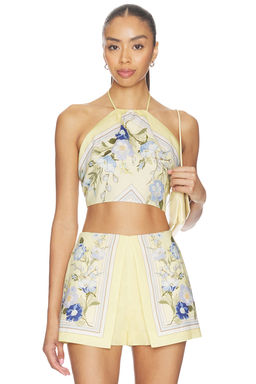 self-portrait - Yellow Floral Linen Crop Top