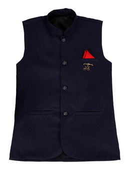 FOURFOLDS - Boys Navy Blue Solid Nehru Jacket
