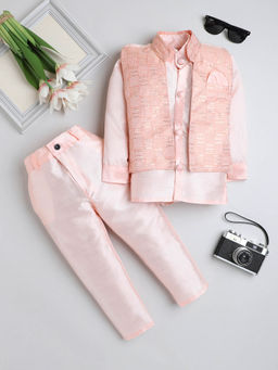 FOURFOLDS - Boys Peach Kurta & Pyjama with Nehru Jacket
