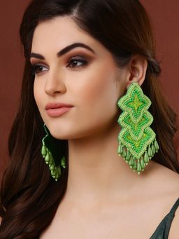 Moedbuille - Green Beads Sequins & Pearls Studded Contemporary Design Handcrafted Drop Earrings