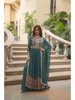 JATRIQQ - Women Teal Georgette Embroidered Kurta with Sharara and Dupatta (Set of 3)