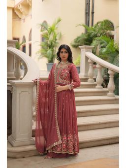 JATRIQQ - Women Rust Georgette Embroidered Kurta with Sharara and Dupatta (Set of 3)