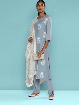 KVS FAB - Women Grey Silk Blend Embroidered Kurta with Pant and Dupatta (Set of 3)