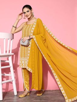 KVS FAB - Women Mustard Georgette Embellished Kurta with Pant and Dupatta (Set of 3)