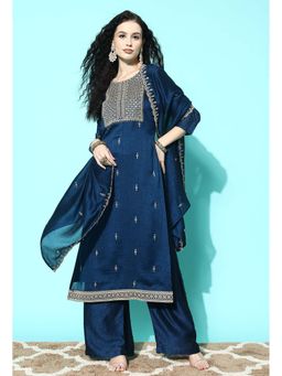 KVS FAB - Women Blue Chinon Embroidered Kurta with Palazzo and Dupatta (Set of 3)