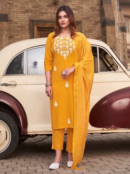 Tikhi Imli - Women Yellow Viscose Rayon Embroidered Kurta with Pant and Dupatta (Set of 3)