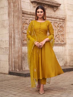 Tikhi Imli - Women Yellow Crepe Solid/Plain Anarkali Kurta with Pant and Dupatta (Set of 3)