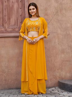 Tikhi Imli - Women Yellow Georgette Embroidered Co-Ord (Set of 3)