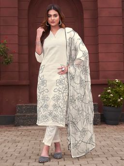 Tikhi Imli - Women White Pure Cotton Embroidered Kurta with Pant and Dupatta (Set of 3)