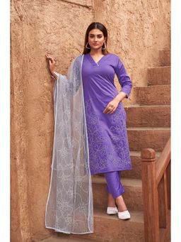 Tikhi Imli - Women Lavender Cotton Blend Embroidered Kurta with Pant and Dupatta (Set of 3)