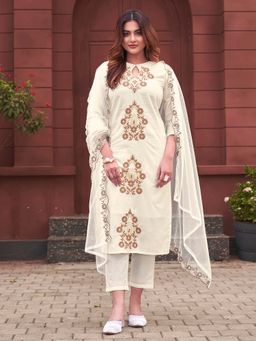 Tikhi Imli - Women White Pure Cotton Embroidered Kurta with Pant and Dupatta (Set of 3)