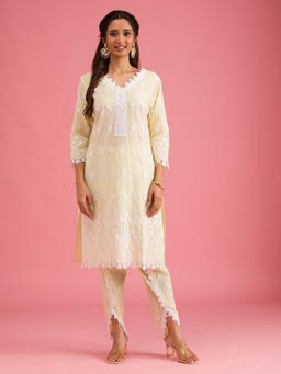 Koskii - Women Yellow Cotton Embroidered Kurta with Pant and Dupatta (Set of 3)