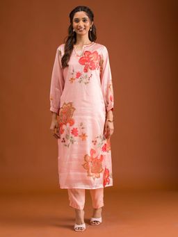 Koskii - Women Peach Tissue Floral Kurta with Pant and Dupatta (Set of 3)