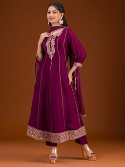 Koskii - Women Mustard Raw Silk Embroidered Anarkali Kurta with Pant and Dupatta (Set of 3)
