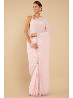 Soch - Pink Pure Crepe Ethnic Motifs Embellished Saree with Unstitched