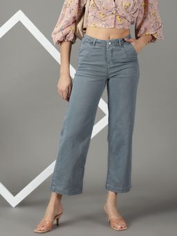 SHOWOFFFF - Women's Non Stretchable Clean Look Grey Wide Leg Jeans