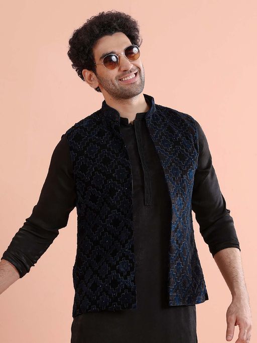 KISAH Men Navy Blue Velvet Embroidered Ethnic Nehru Jacket