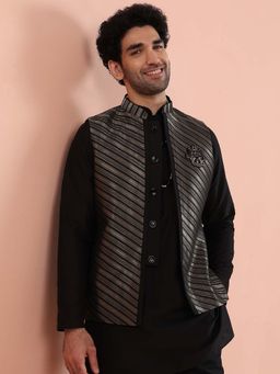 KISAH - Men Black and Gold Striped Nehru Jacket