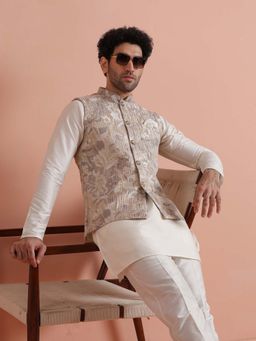 KISAH - Men Beige Nehru Jacket with Floral Print - Stylish Traditional Wear