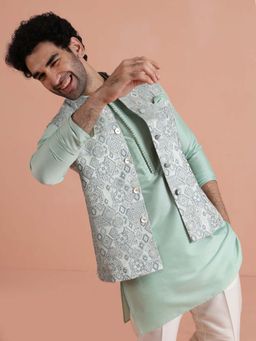 KISAH - Men Mint Green Premium Fabric Printed Nehru Jacket