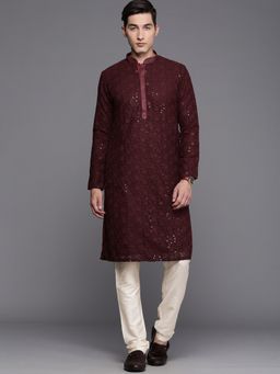 Manyavar - Maroon Full Sleeves Kurta with Pencil Pajama (Set of 2)