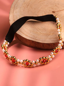 Choko - Girls Beaded Headband with Golden Beads & Red Crystal Flowers -Red & Gold