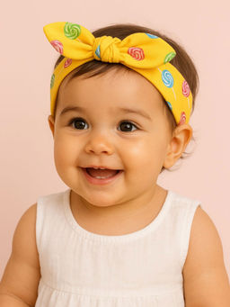 Choko - Girls Yellow Fabric Headband with Lollipop Print & Knot Tie