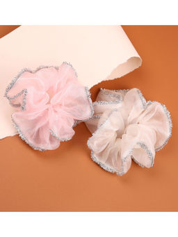 Choko - Organza Scrunchies with Silver Shimmer Trim for Girls & Women - Pink & White (Pack of 2)