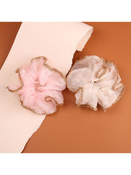 Choko - Organza Scrunchies with Golden Shimmer Trim for Girls & Women - Pink & White (Pack of 2)