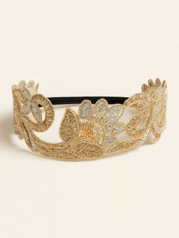 Choko - Golden Embroidered Floral Lace Headband with Silver Detail – Ethnic Wear, Festivals & Weddings