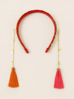 Choko - Red Hair Band with Tassel Charms & Gold Chain – Traditional Ethnic Wear, Festivals & Weddings
