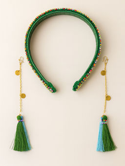 Choko - Green Hair Band with Tassels & Mirror Chain – Ethnic Piece for Festive Days & Family Weddings
