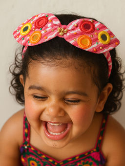 Choko - Pink Bow Hairband for Girls with Multi-Colour Circular Embellishments