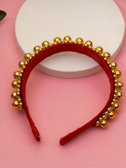 Choko - Hairband for Girls Red Satin Headband with Golden Bead Detailing