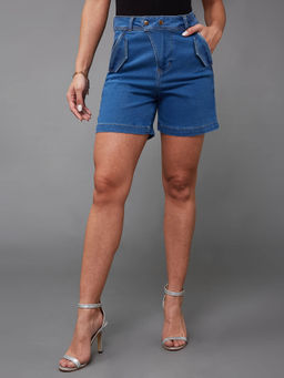 Miss Chase - Womens Relaxed Fit Mid Rise Clean Look Stretchable Blue Denim Bermuda Shorts