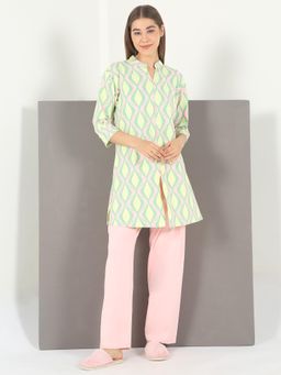 Sweet Dreams - Womens Geometric Printed Kurti Nightsuit Green