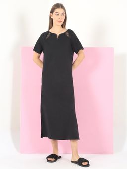 Sweet Dreams - Womens Solid Lace Detailed Calf Length Night Dress Black