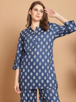 Indreams - Summer Cotton Woven Floral Kurti Blue