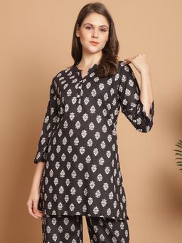 Indreams - Summer Cotton Woven Floral Kurti Black