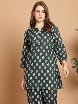 Indreams - Summer Cotton Woven Floral Kurti Green