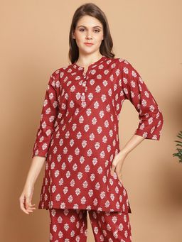 Indreams - Summer Cotton Woven Floral Kurti Red