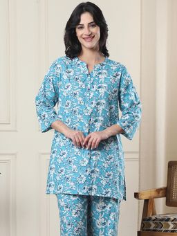 Indreams - Summer Cotton Woven Kurti Aqua